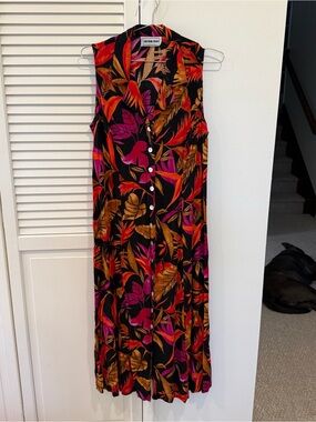 Vintage Black Tropical Print Midi Dress - Pink & Orange Leaf Pattern